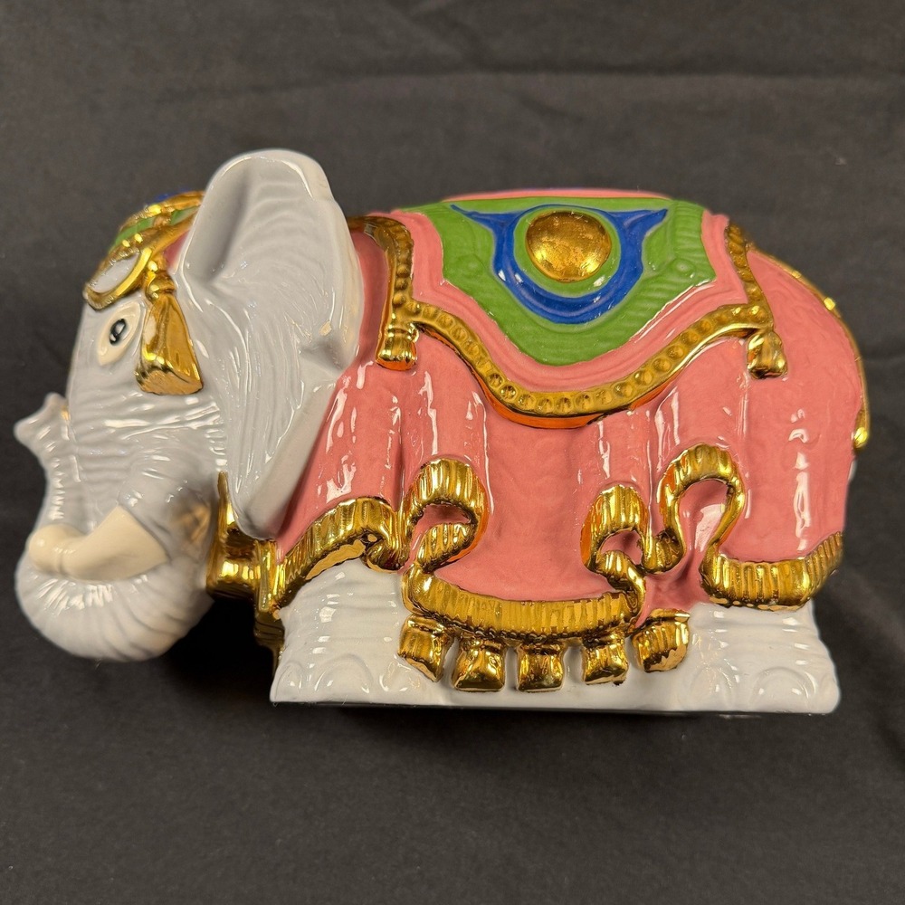 G. Haumann Ceramic Elephant Figurine Pink Blue Gold Gilt Hand Painted 8.5"